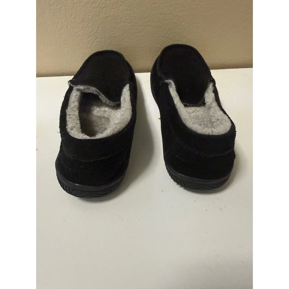 George Mens Black Suede Moccasin Slippers Faux Fur Lined House Shoes Size 7-8